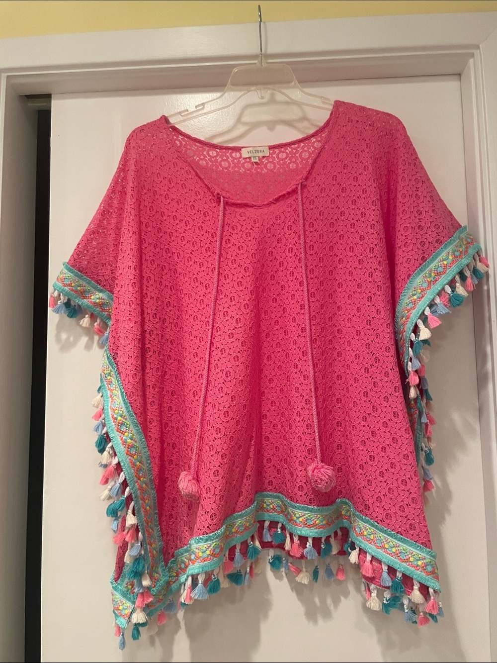 Velzera Hot Pink Crochet Tassel Trim Beach Poncho
